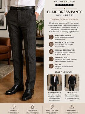Lauren Ralph Lauren Black Label Pants Mens SZ33 Plaid Flat Front Dress Classic